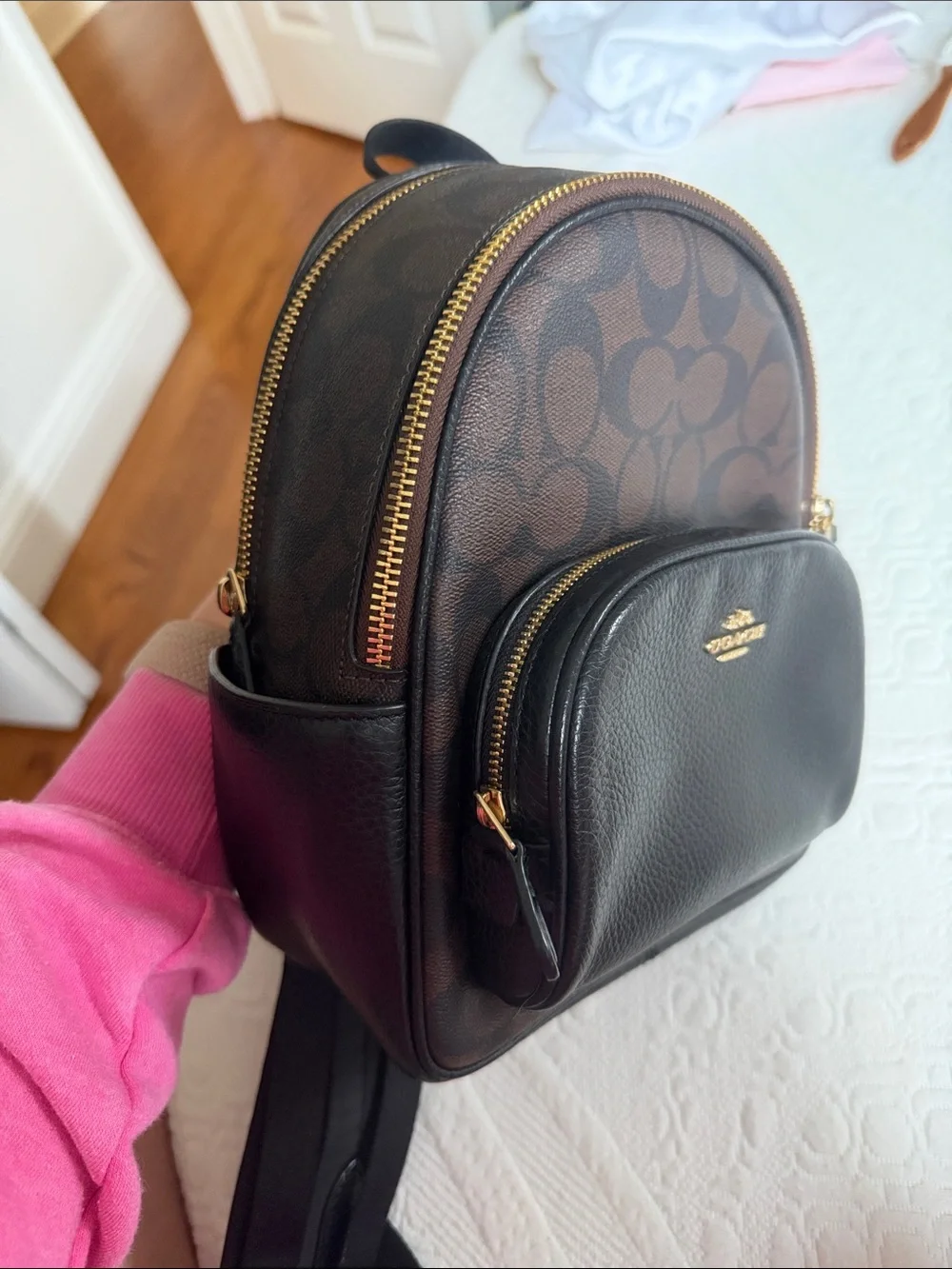 Coach Brown Signature Canvas with Black Leather Mini Backpack